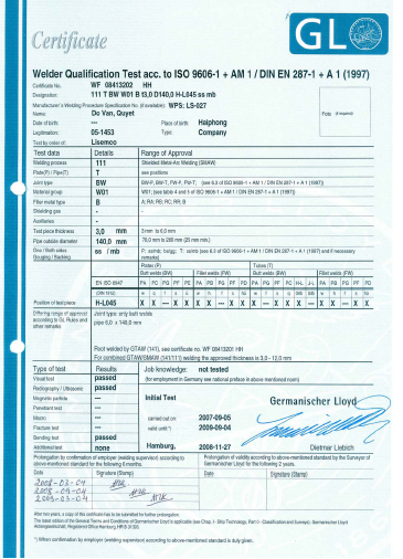Chứng chỉ thợ hàn (đăng kiểm - GL) 2